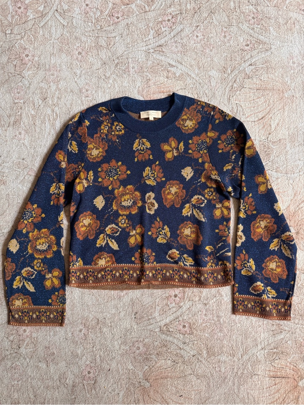 Sezane Emna Jumper - Navy, Camel, Ochre Floral Jacquard